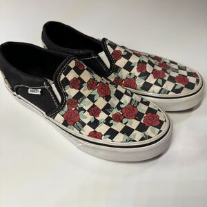 Vans Asher Womens Slip On Multi Checkerboard Black/Roses Skate Shoes Size 6.5